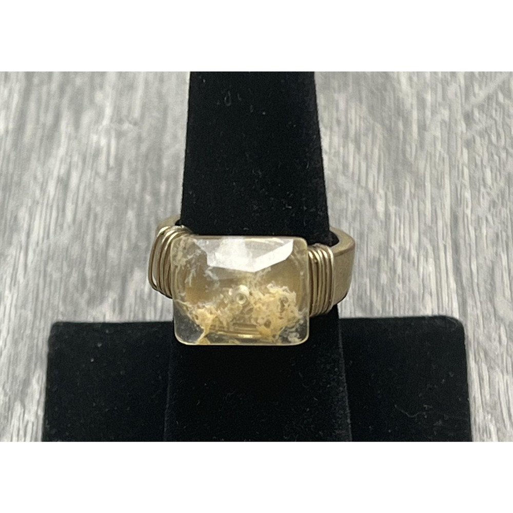 Signed‎ Artisan Gold Tone Wire Wrapped Statement 6.5 Ring Rectangular Stone